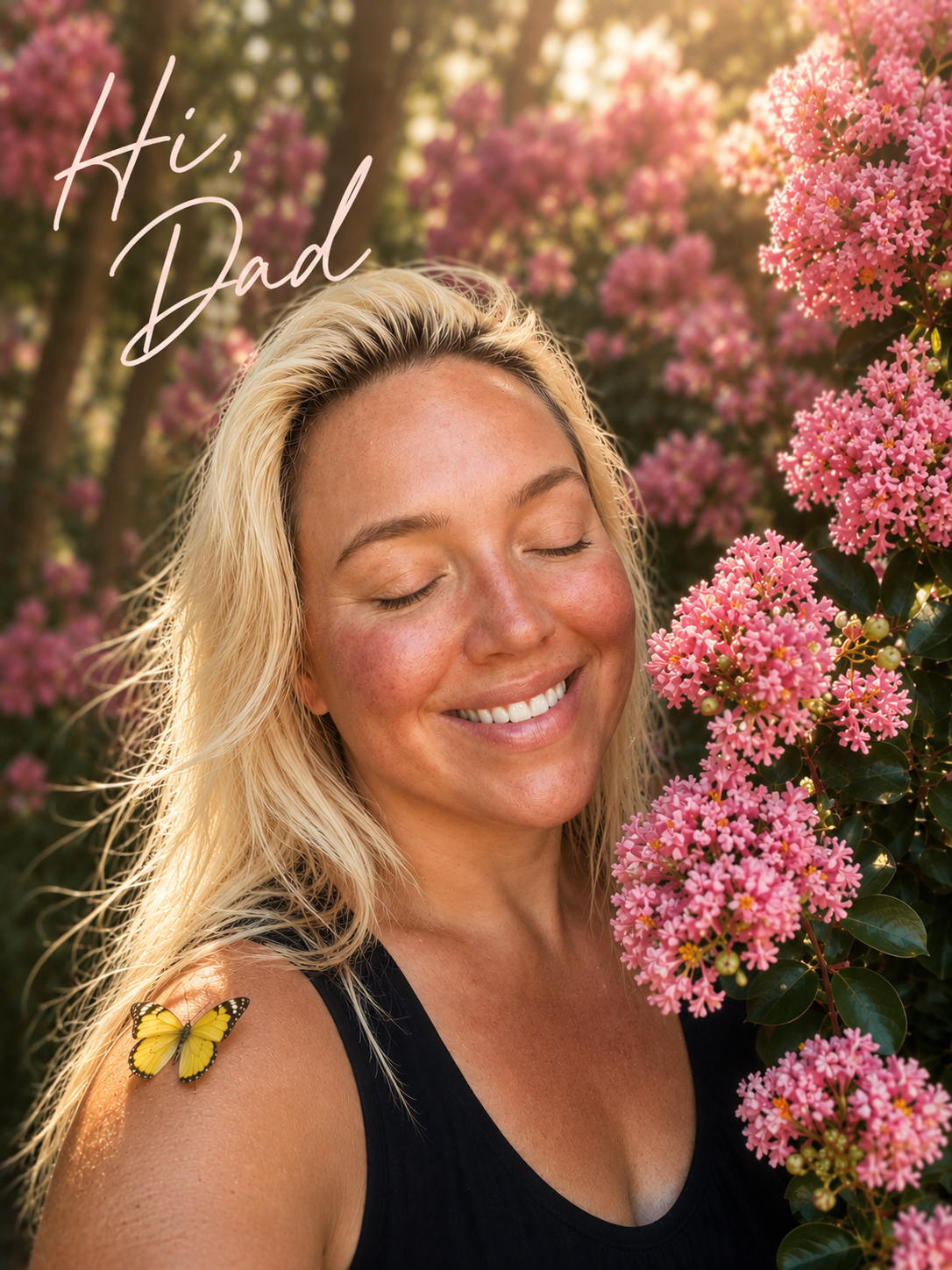 Author Andrea Perullo among pink blossoms in golden hour light